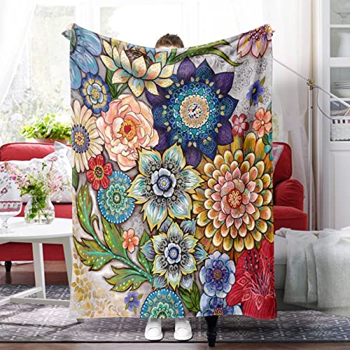 Vibrant Boho Floral Fleece Throw Blanket