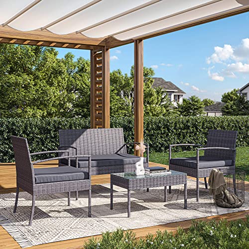 BELLEZE Gray Patio Furniture Set, 4-Piece Outdoor Rattan Chairs and Table