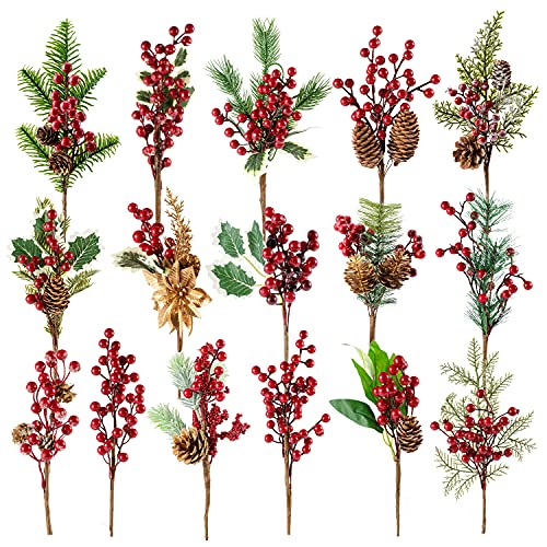 16-Piece Artificial Christmas Tree Picks Red Berry Pine Branches Flower Pick