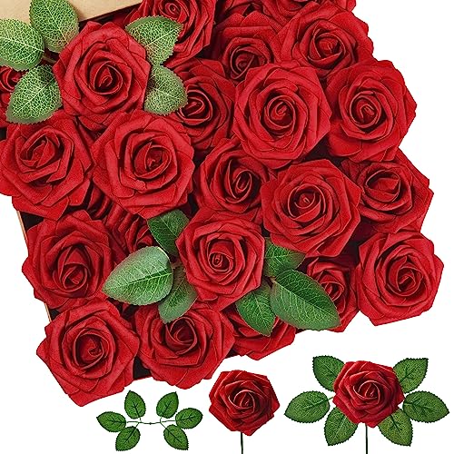 InnoGear Dark Red Artificial Roses with Stems